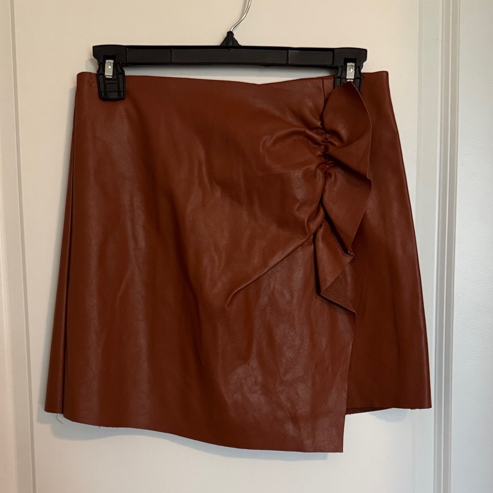 Mustard Seed Faux Leather Mini Skirt in Rust Brown with Ruffle Detail